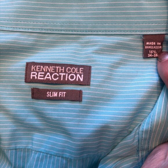 Kenneth Cole Reaction Slim Fit Mens Turquoise Striped Shirt Size 15.5 34-35 - Picture 6 of 12